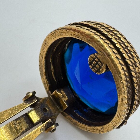 Cobalt Blue Earrings Vintage Crystal Textured Gold Tone Round Clip-On - Picture 9 of 13